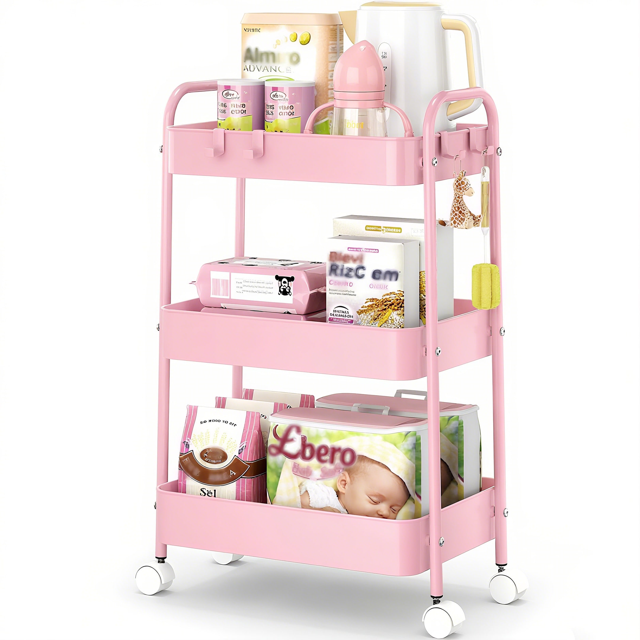 Baby Nursery Pink - Troli Logam 3 Tingkat Beroda Warna