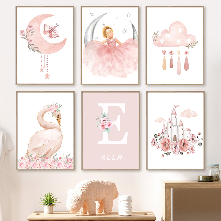 Baby Nursery Pink - Lukisan Kanvas Pembibitan Seni Dinding Kastil