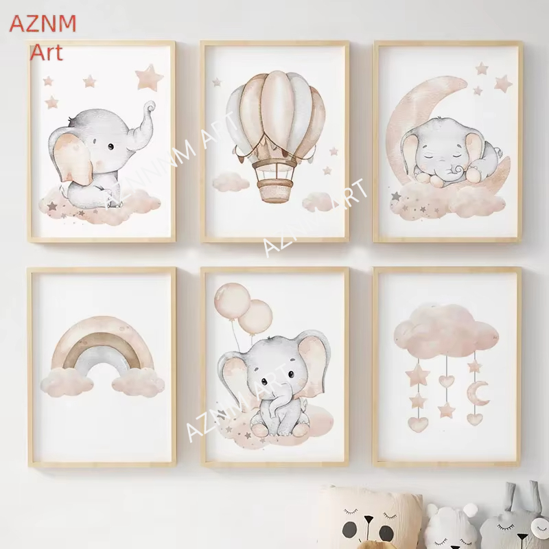 Baby Nursery Elephant - Poster Bayi Anak-anak Ayunan Awan Bintang