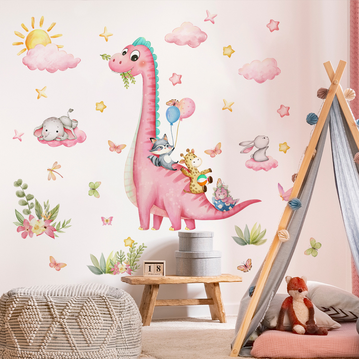 Baby Nursery Pink - Stiker dinding taman hewan dinosaurus Pink