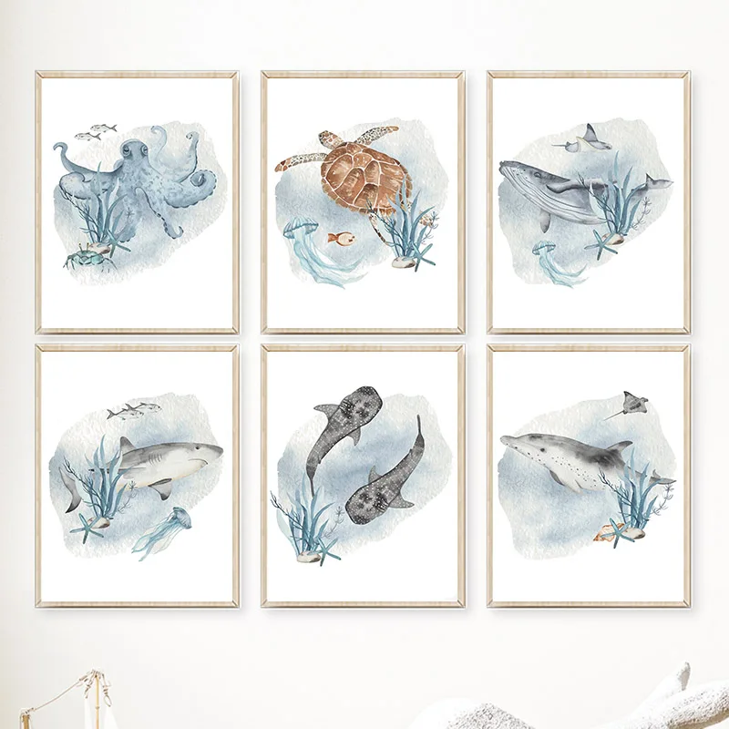 Baby Nursery Ocean - Poster dan cetakan ikan paus ikan