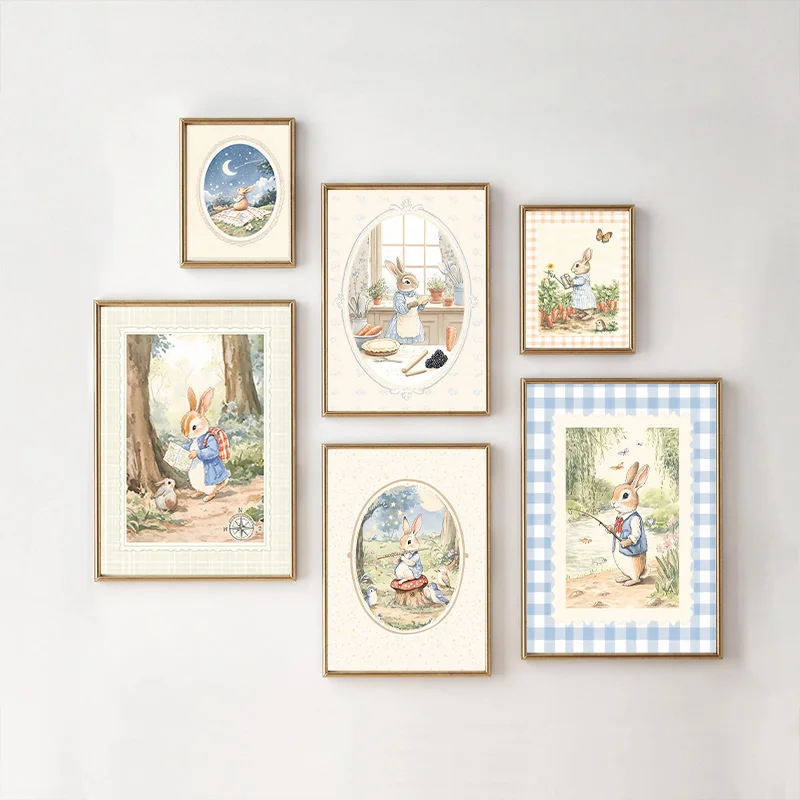Baby Nursery Vintage - Poster Seni Terinspirasi Kelinci Kotak-kotak Biru