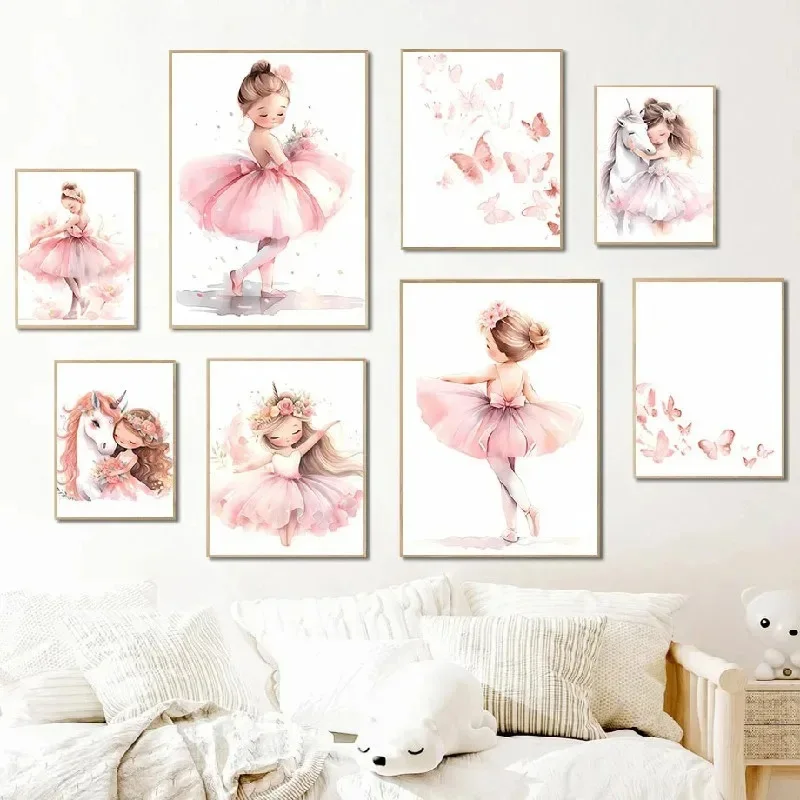 Baby Nursery Pink - Poster Kupu-kupu Unicorn Gadis Balerina Merah