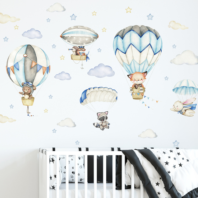 Baby Nursery Hot Air Balloon - Stiker dinding balon udara hewan lucu