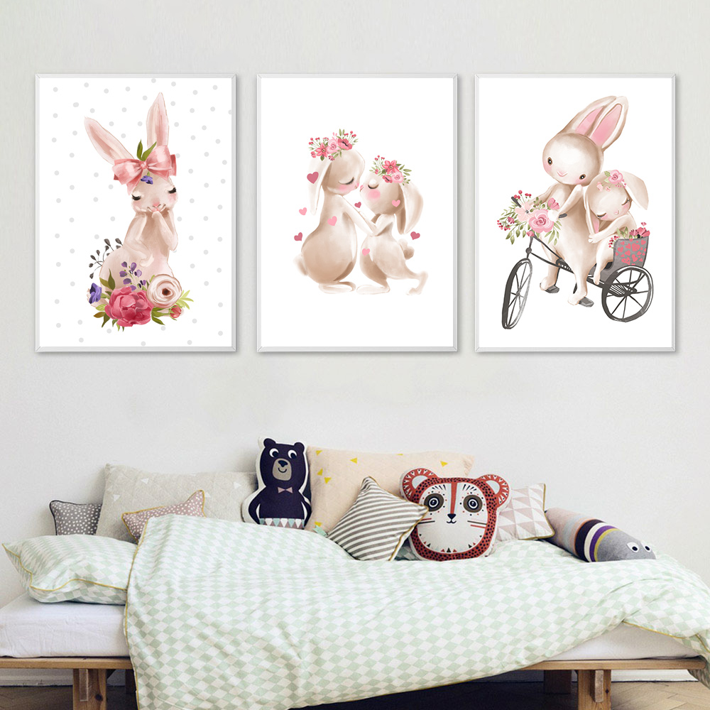 Baby Nursery Pink - Cetakan hewan kelinci, poster bunga merah