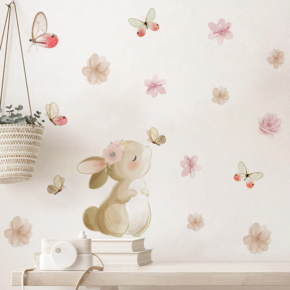 Baby Nursery Girl Room - Stiker dinding kupu-kupu bunga kelinci kartun