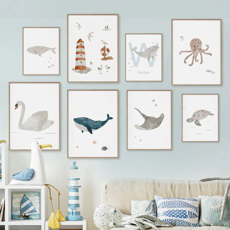 Baby Nursery Ocean - Lukisan Kanvas Seni Dinding Motif Hewan