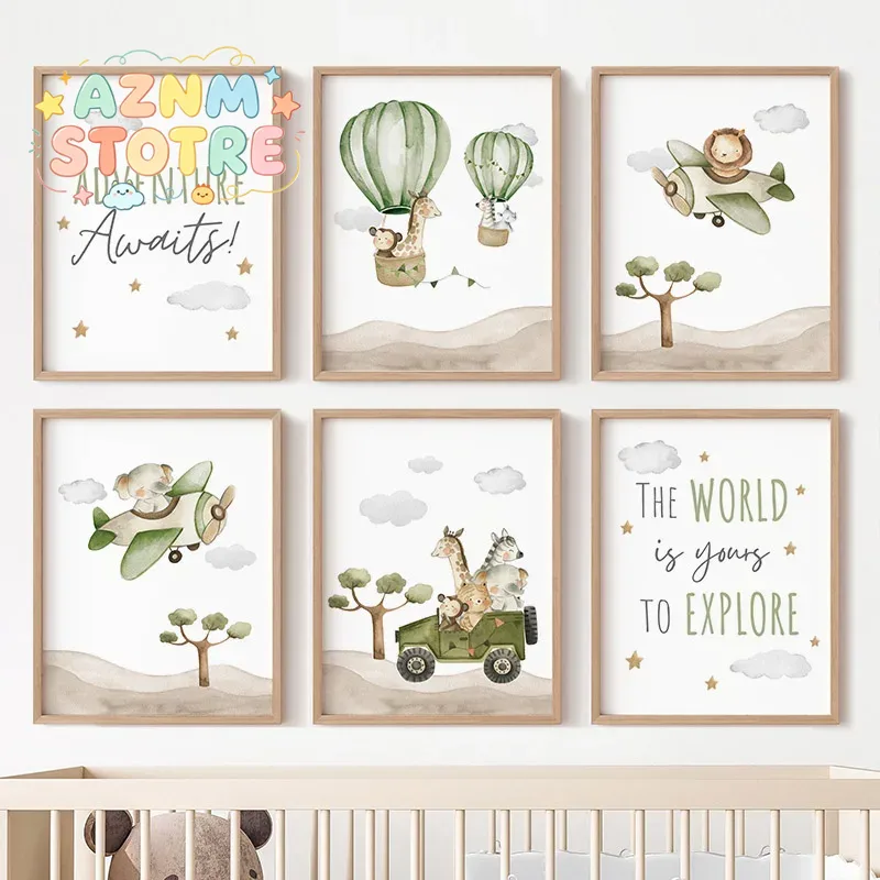 Baby Nursery Hot Air Balloon - Lukisan Kanvas Poster Hewan Balon Udara