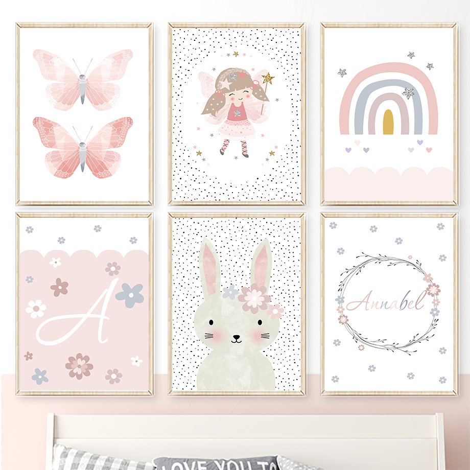 Baby Nursery Girl Room - Lukisan Kanvas Seni Dinding Pelangi Kupu-kupu