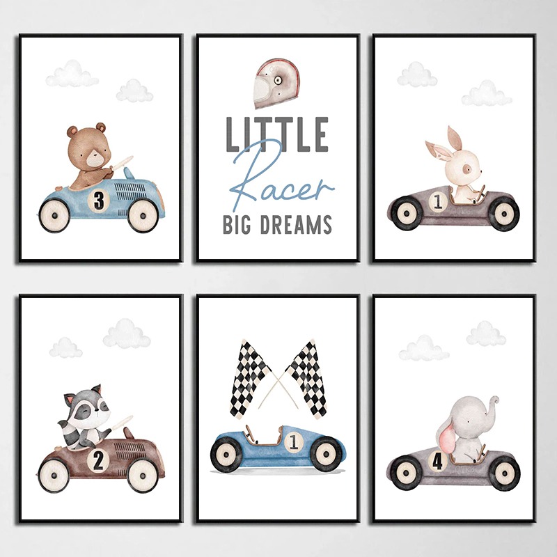 Baby Nursery Vintage - Mobil Balap Antik Hewan Kelinci Beruang