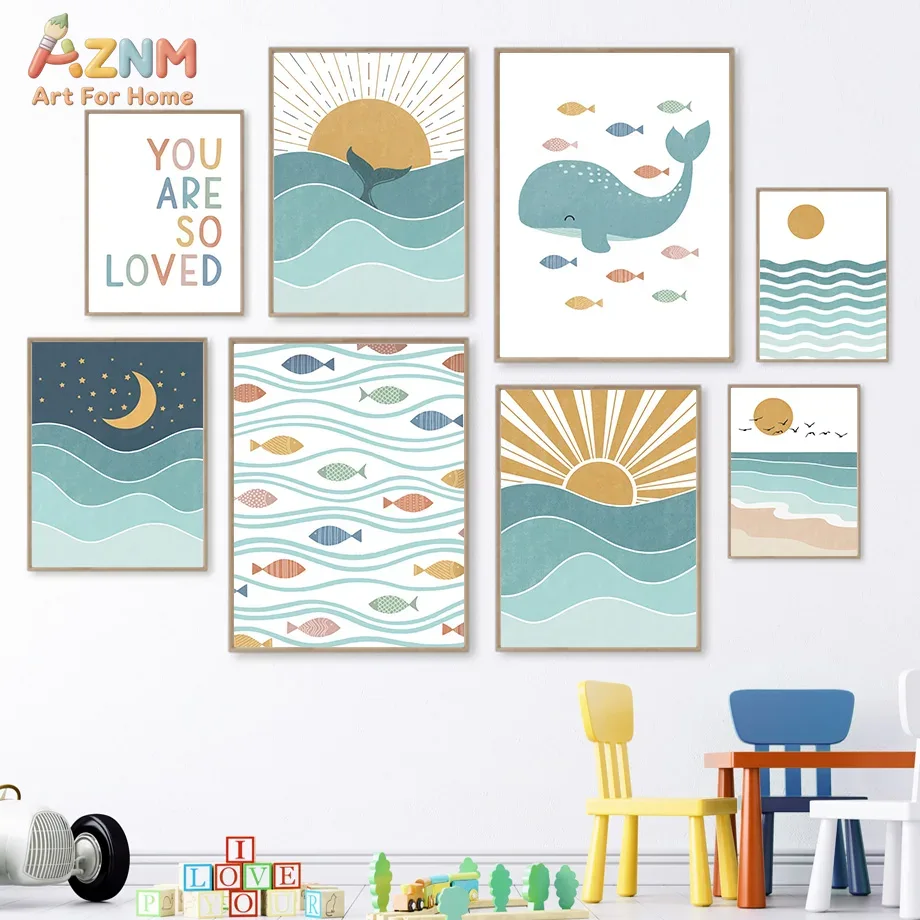 AZNM Boho Ocean Canvas Wall Ar - Baby Nursery Ocean ulasan dan harga